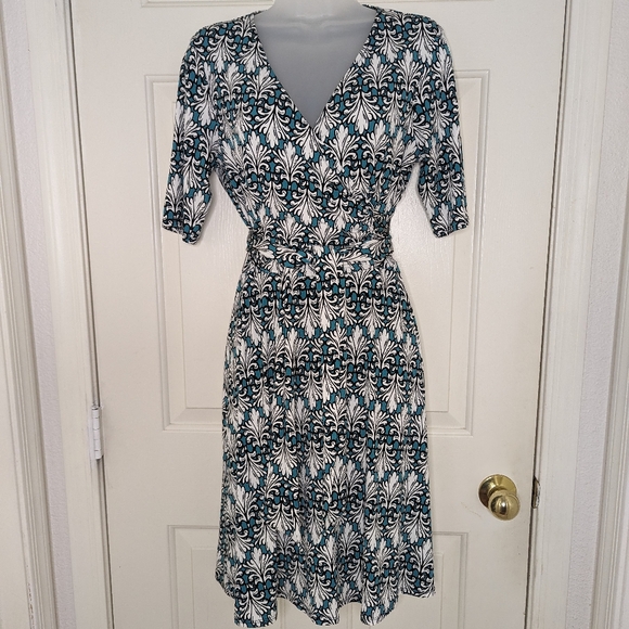Dresses & Skirts - Wrap Dress (Faux) Stretch Elbow Sleeve Print Blue/Green Pullover M